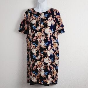 J. Crew Silk Blue Antique Floral Keyhole Neck Short Sheer Sleeved Shift S: 0